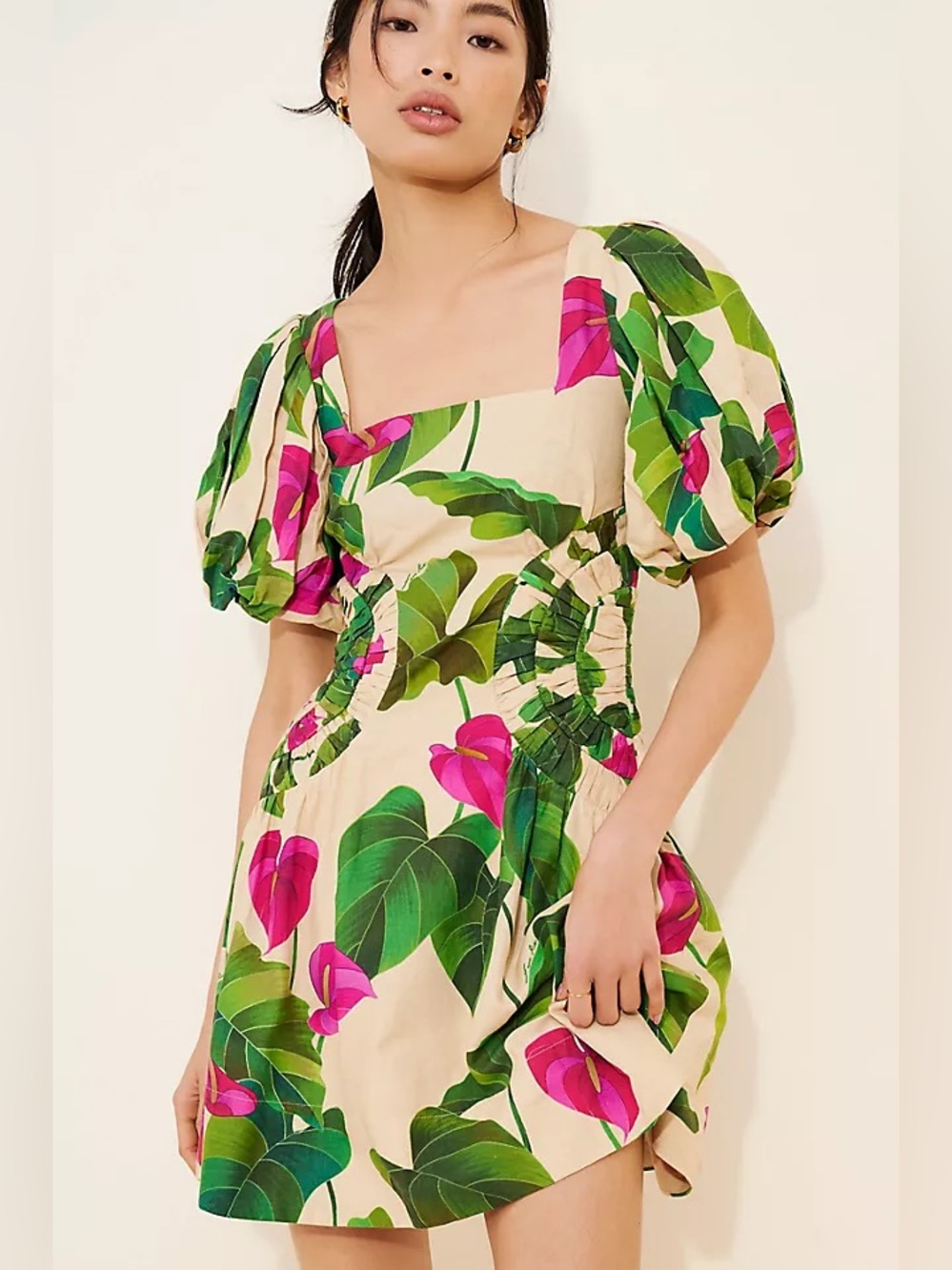 Farm Rio Anthurium Leaves Sand Short Sleeve Square Neckline Mini Dress